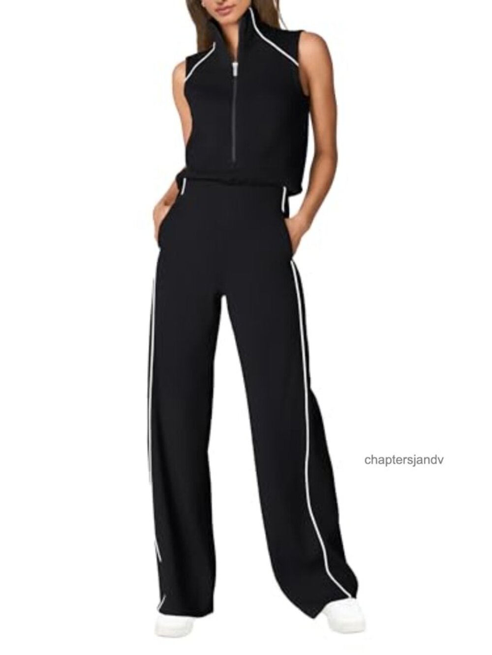 Sleeveless Mock Neck Jumpsuit Wide Leg Pants Romper Pockets